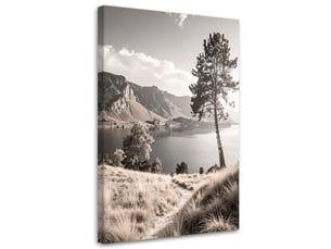 Tableau moderne, paysage de montagne avec un lac aux nuances de gris 60x90
