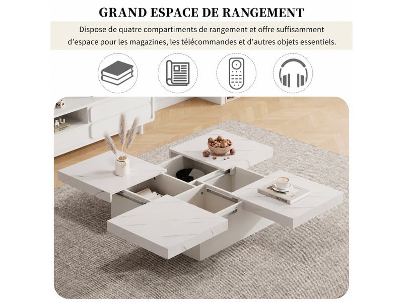  Table basse carrée blanche 90x90x25 cm, effet marbre, plateau coulissant, 4 tiroirs de rangement, meuble salon moderne  - Conforama E