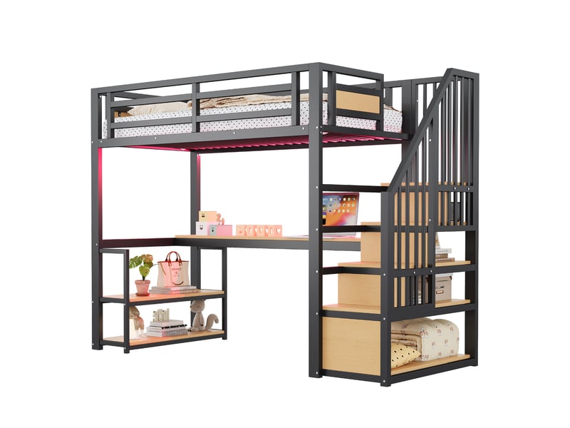  Lit mezzanine 90x200 cm avec bureau et rangements en métal noir  - Conforama A