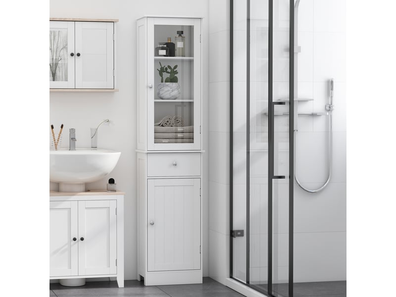  Armoire de salle de bain haute et étroite avec étagères réglables et tiroir, idéale pour les petits espaces, style moderne, 40 x 27 x 171,5cm, blanche  - Conforama C