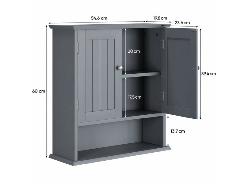  Armoire murale de salle de bain 2 portes, étagères ouvertes, gris clair, 54,6 x 19,8 x 60 cm  - Conforama E