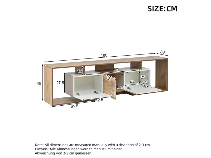  Meuble tv 180x30x49cm - meuble bas avec 2 portes abattantes, 1 porte battante et 3 niches ouvertes, pour tv jusqu’à 85 pouces - blanc et bois naturel  - Conforama C