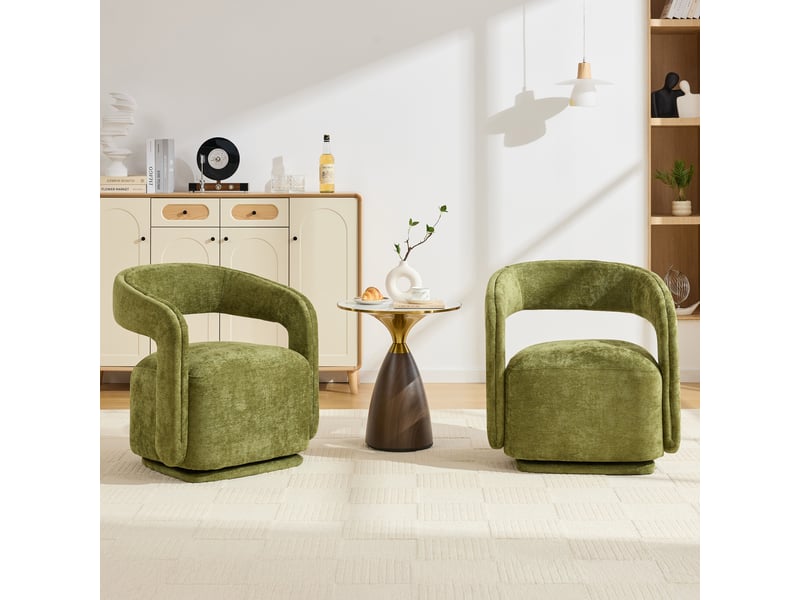  Fauteuil pivotant 360° barrel chair avec dossier ergonomique - lpospi - chenille rembourrée, bois vert  - Conforama C