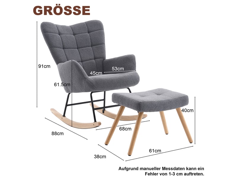  Fauteuil à bascule 91 cm avec repose-pieds, structure en métal sherpa gris  - Conforama C