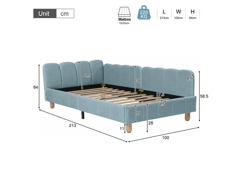 Lit simple bleu en velours, 90x200 cm, lit enfant avec tête ergonomique et rangement dans accoudoirs  - Conforama C