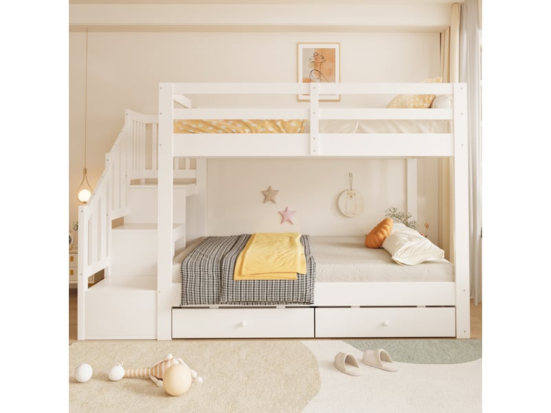  Lit superposé en bois massif 140 x 200 cm – avec escalier de rangement, barrières de sécurité et 2 tiroirs – blanc (matelas non inclus)  - Conforama D