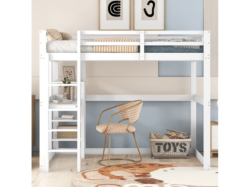 Lit mezzanine 140x200cm avec bureau, 4 tiroirs, espace de rangement, escalier, bois, couleur blanc, sans matelas - Conforama C
