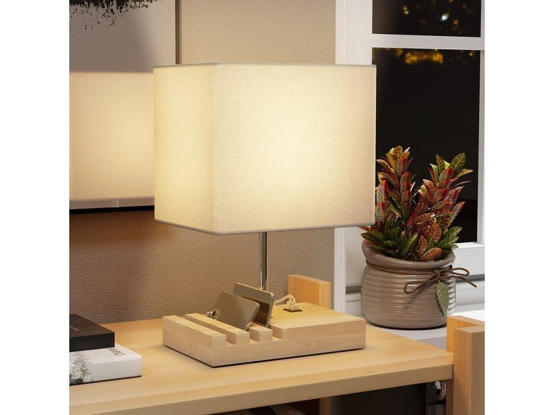  Lampe de chevet avec usb a+c, lampe de table moderne, 3 supports pour téléphone, blanc, ampoules non incluses  - Conforama D