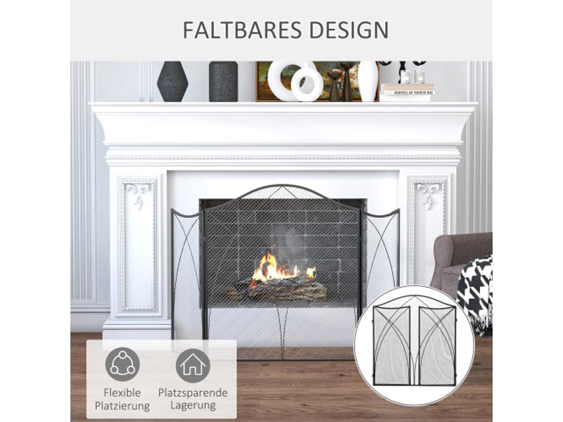 Pare-feu de cheminée noir en métal à 3 panneaux, pliable, 126x76 cm, protection du foyer - Conforama D
