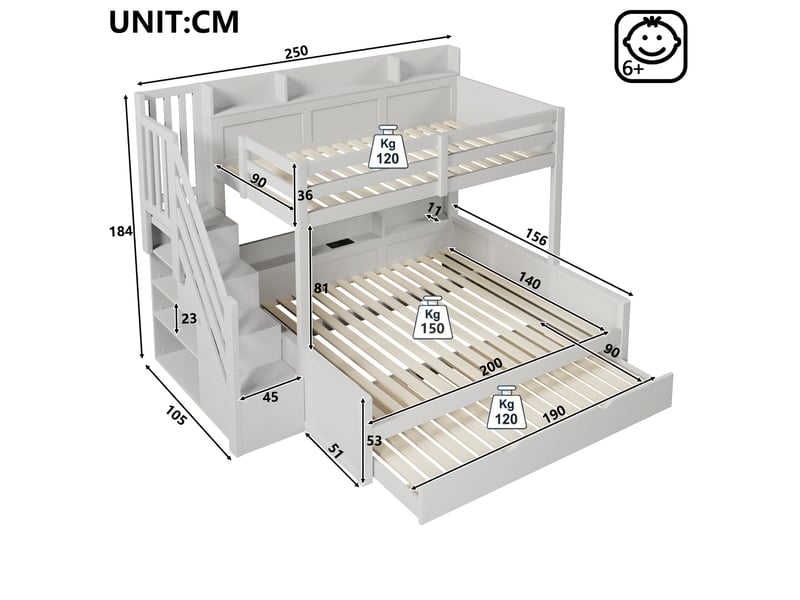  Lit superposé 3 places 90 × 200 cm et 140 × 200 cm, gigogne 90 × 190 cm, rangements, usb, sans matelas, gris  - Conforama E