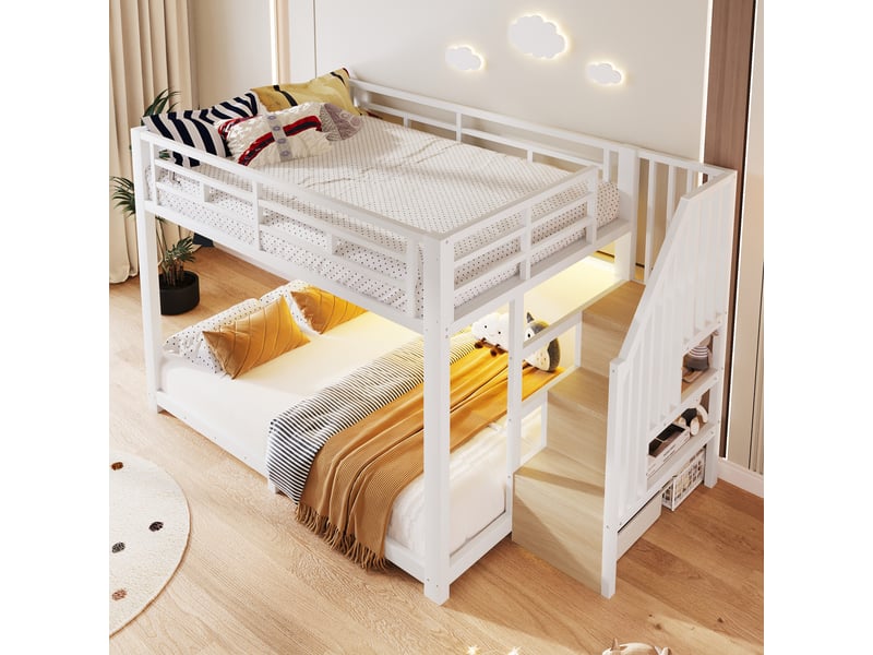  Lit superposé 140x200 cm, lit enfant avec escalier rangement, 3 niches, led via application, garde-corps, métal (sans matelas), blanc CozyNest - Conforama E
