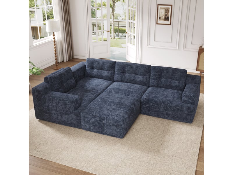 Canapé d'angle modulable 5 places avec pouf en chenille bleu  - Conforama C