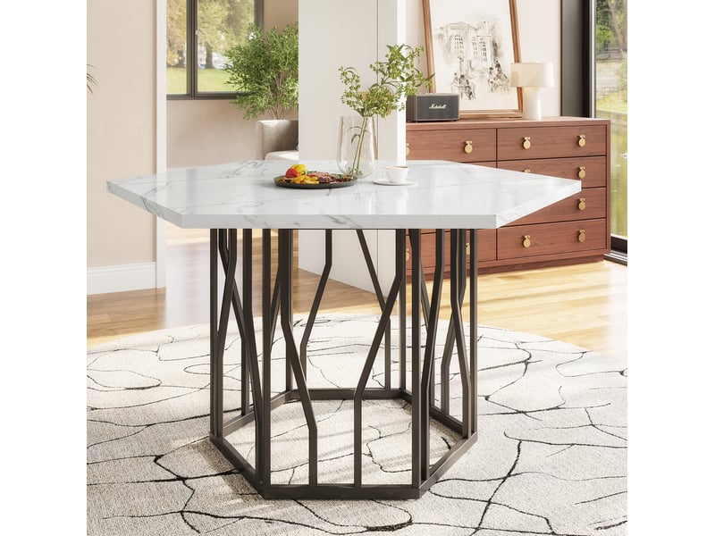  Table hexagonale moderne 115,5x100x75cm, support en forme de branche, motif marbre (non en marbre), mdf, blanc et noir  - Conforama B