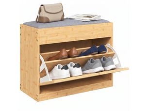 Banc chaussures entrée, banc de rangement en bambou, assise rembourrée, porte en rotin et étagère réglable, bois naturel