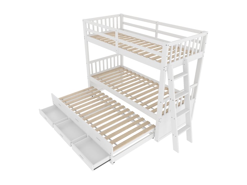  Lit superposé enfant 90x200 lit cabane blanc avec lit gigogne et 3 tiroirs, cadre en bois de pin massif, sécurité optimale.  - Conforama W