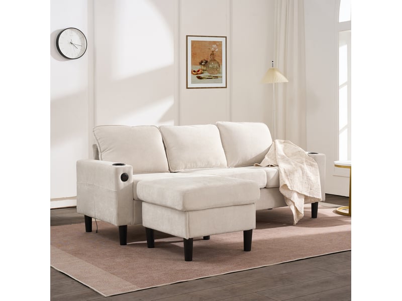  Canapé convertible d'angle en lin beige avec pouf, ports usbtype-c et porte-gobelets - 202 x 137 x 80 cm  - Conforama C