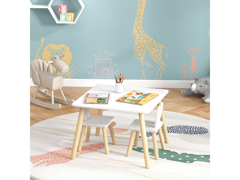  Ensemble table et 2 chaises enfant design scandinave motif oreille de lapin bois blanc pin  - Conforama W