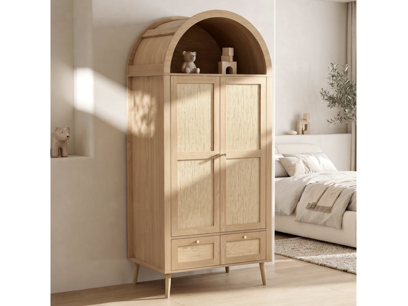  Armoire tcqpz 2 portes 2 tiroirs 80 x 55 x 180 cm avec penderie et niche ouverte mdf décor chêne et beige  - Conforama B