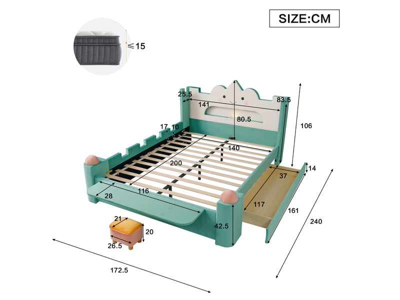  Lit enfant 140x200 cm avec tête de lit nuage, lampe led usb et tiroir de rangement, velours, bleu-vert, sans matelas  - Conforama C