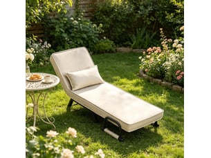 Fauteuil convertible 3 en 1 avec dossier réglable à 5 positions et coussin amovible en lin, métal et mousse beige
