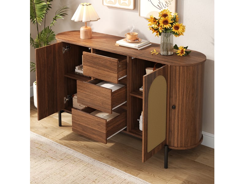  Buffet bas ovale 140x38x77,5 cm, portes coulissantes et rotin, 3 tiroirs, mdf, pieds métal, noyer  - Conforama B