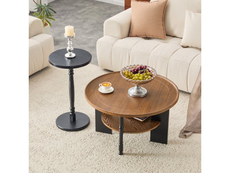  Ensemble 2 tables basses rondes 80 cm avec rangement et table d'appoint 38 cm – mdfpvc – salon et chambre – emballage  - Conforama D
