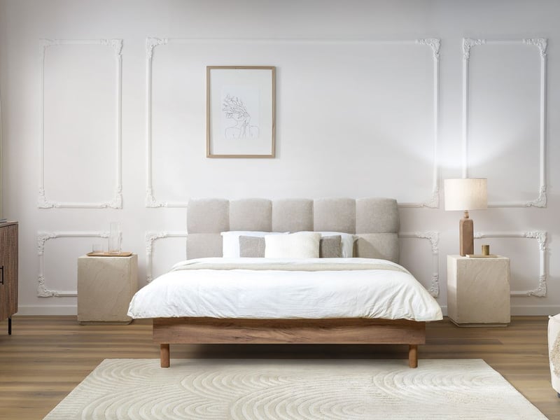  Bobochic lit kumo tissu lisse lattes massives pieds en bois naturel gris clair 180x200 KUMO - Conforama B