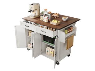 Îlot de cuisine pivotant à 360 degrés, table de bar sur roulettes extensible avec 3 tiroirs, blanc
