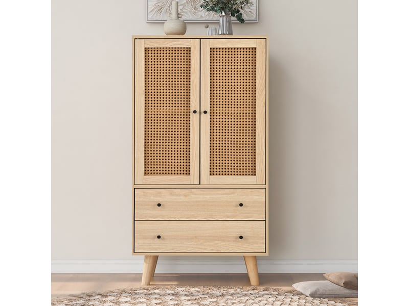  Buffet haut 60x40x120 cm avec 2 portes cannage rotin et 2 tiroirs, meuble de rangement en bois, commode moderne pour salon - chêne  - Conforama C