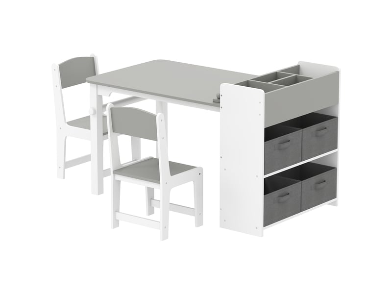  Ensemble table et 2 chaises enfant en bois avec rouleau de papier, étagères et tiroirs, gris, pour fille garçon 3-8 ans  - Conforama B
