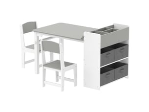 Ensemble table et 2 chaises enfant en bois avec rouleau de papier, étagères et tiroirs, gris, pour fille garçon 3-8 ans