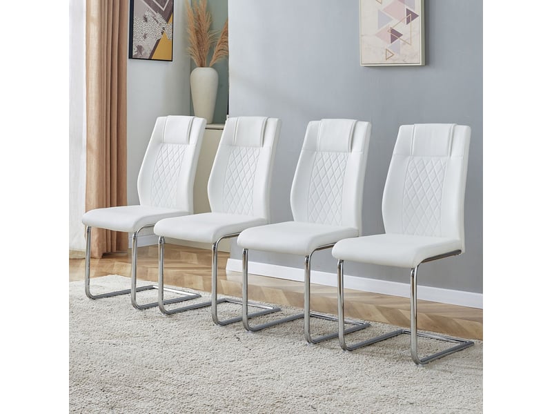 Lot de chaises 4 pièces chaise scandinave à dossier aspect résille revêtement en polyuréthane blanc pieds en métal argenté brillant et patins antidérapants style intemporel et polyvalent - Conforama B