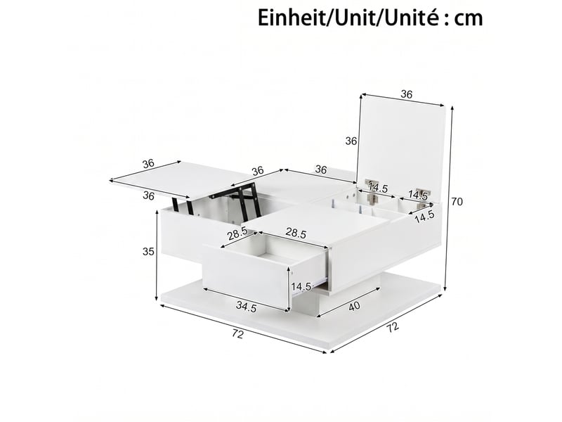  Table basse 72x72x35 cm relevable hydraulique avec led réglable, mdf et panneaux de particules, blanche  - Conforama E