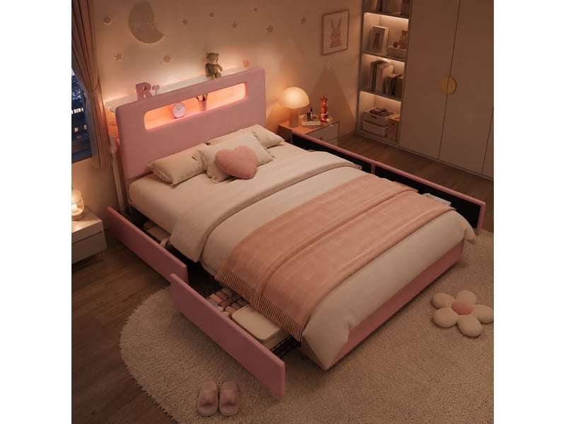  Lit enfant 140x200 cm avec 4 tiroirs latéraux et éclairage led contrôlé par application couleur rose sans matelas  - Conforama E