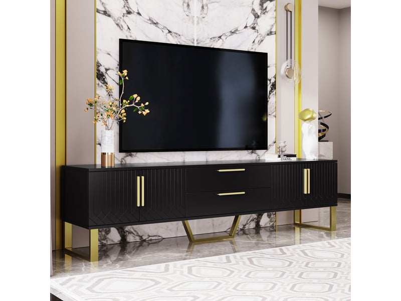  Meuble tv en mdf avec 4 portes, 2 tiroirs et passe-câbles, finition brillante noir et doré pour salon, 170×40×53,5 cm  - Conforama E