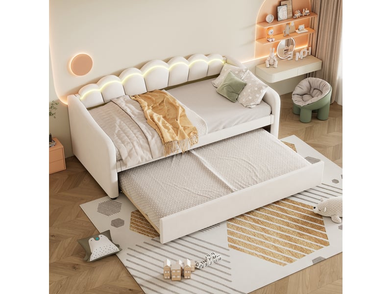  Lit gigogne 90x200cm avec lit extensible, éclairage led multicolore, design ondulé, velours, beige, sans matelas  - Conforama C