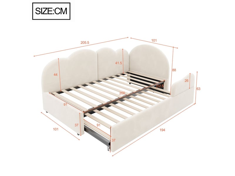  Lit gigogne 90 x 200 + 90 x 190 cm lit gigogne enfant gain de place tête de lit forme nuage forme en l extensible revêtement velours beige cadre rembourré  - Conforama C
