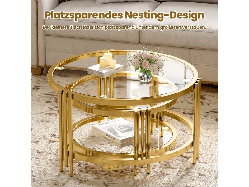  Table basse gigogne en verre et métal, pour salon, 85 × 45 cm + 60 × 35 cm, doré et transparent  - Conforama C