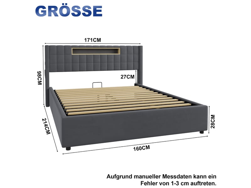  Lit coffre 160x200 cm, lit double adulte avec led et rangement, métal, gris (sans matelas)  - Conforama C