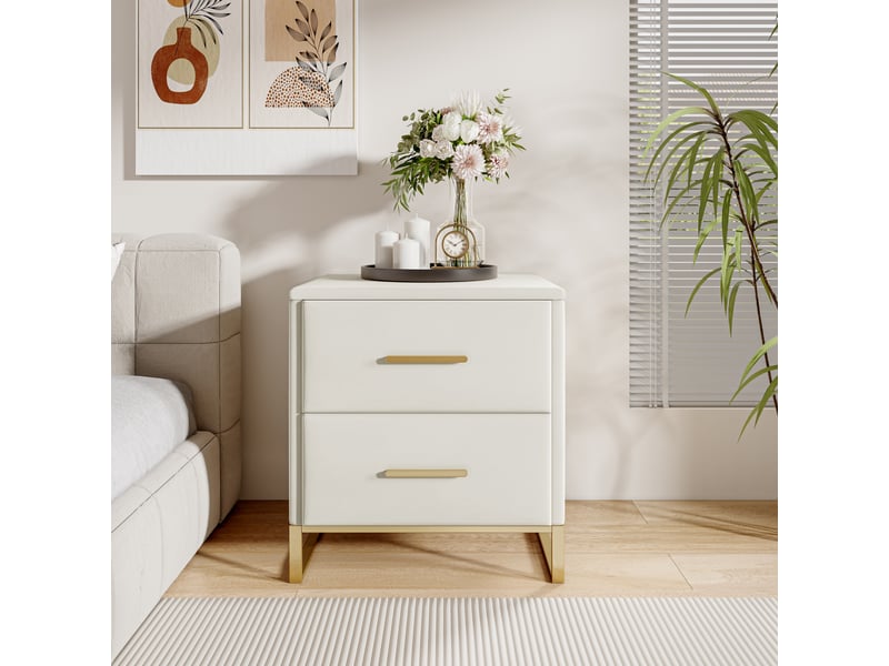  Table de chevet lot de 2, 2 tiroirs de rangement, base métallique dorée, velours beige, style moderne et chic  - Conforama B