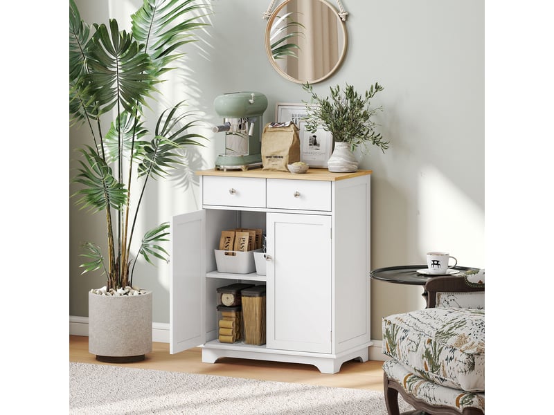  Meuble de rangement buffet salon avec placards à portes, 2 tiroirs et étagère réglable, armoire de rangement pour salon, cuisine, chambre, blanc et bois naturel  - Conforama C