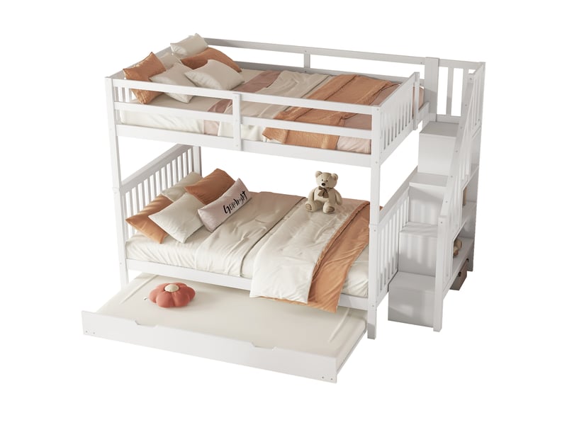  Lit superposé 140x200 avec lit gigogne coulissant et escalier de rangement, cadre en bois massif blanc pour chambre d'enfant.  - Conforama W