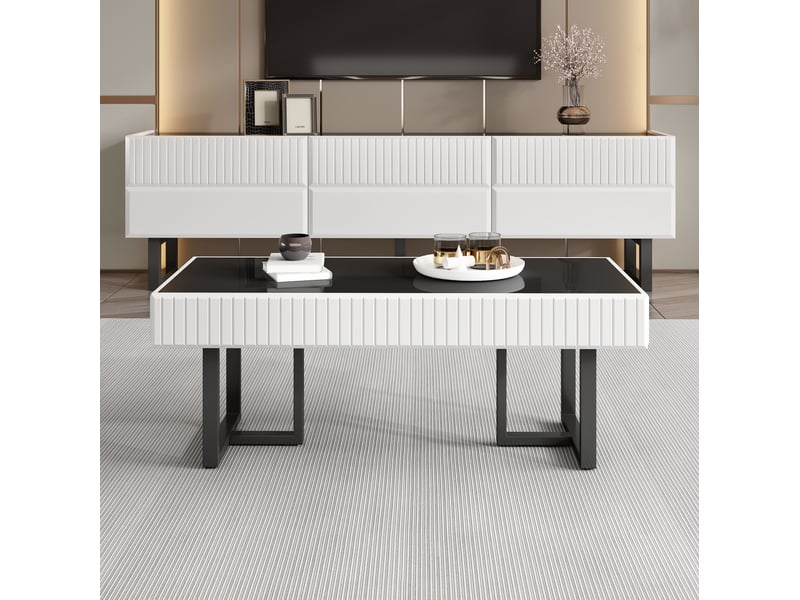  Ensemble meuble tv 170 cm et table basse en mdf et panneaux de particules noir et blanc  - Conforama C