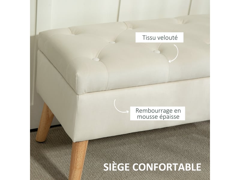  Banc de rangement coffre de rangement tissu effet velours pieds en bois 80 x 35 x 42 cm charge max. 120 kg, crème  - Conforama E