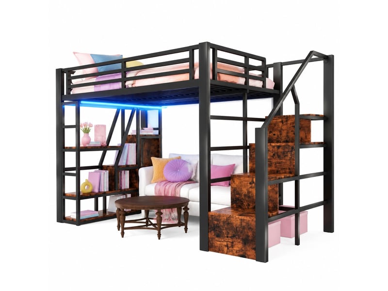 Lit mezzanine enfant 200×140 cm avec rangements, garde-corps et éclairage led, sans matelas, en métal et mdf noir - Conforama A
