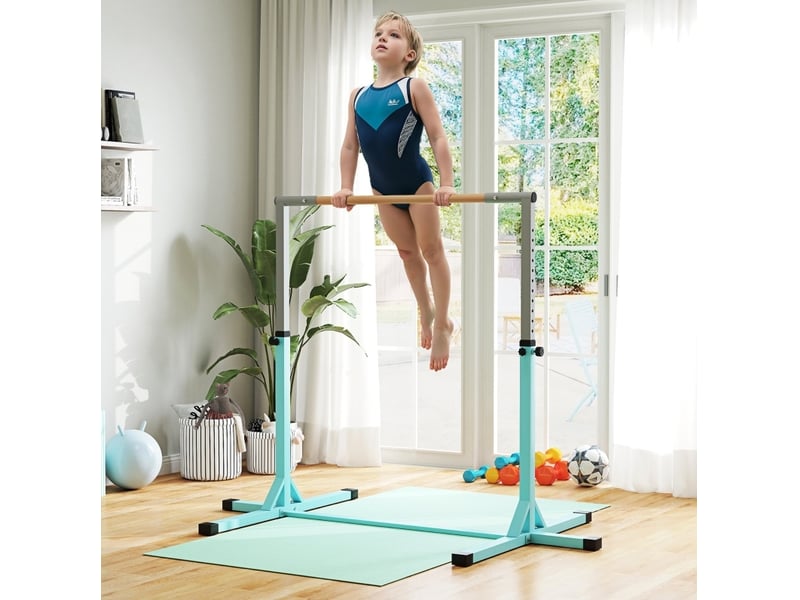  Barre fixe de gymnastique enfant réglable 92-150 cm bleu clair, acier et bois de hêtre, jusqu'à 75 kg  - Conforama D