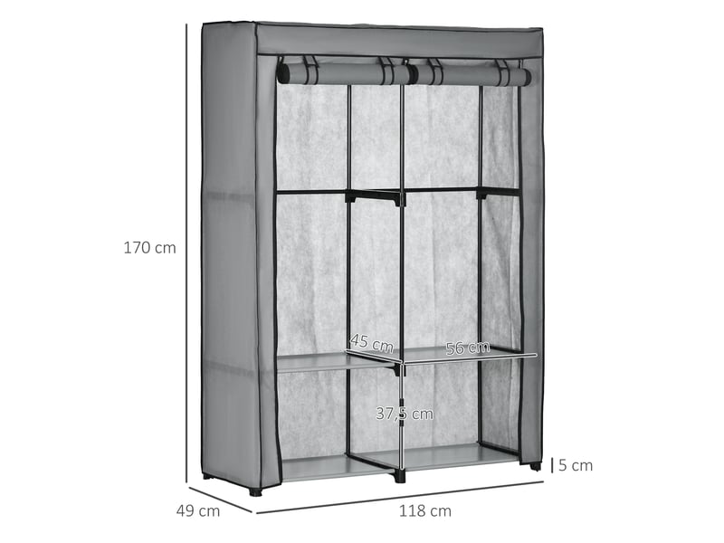  Armoire en tissu, solution de rangement, 4 étagères, 2 tringles, grise  - Conforama D