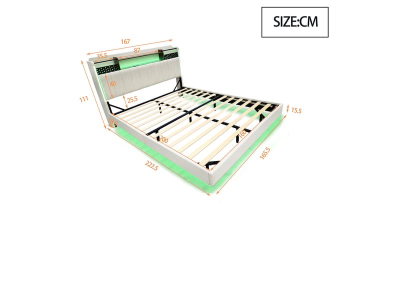  Lit double 160 × 200 cm en lin beige, tête de lit avec rangement, led, usb et effet flottant Fay Lum - Conforama C