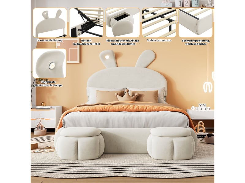  Lit coffre hydraulique 140x200 cm rembourré avec tête de lit led réglable et 2 poufs de rangement-tête de lit oreilles en velours-beige  - Conforama E