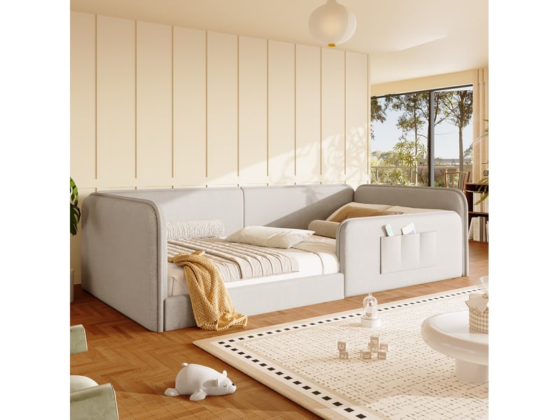  Lit plateforme 90x200 cm cadre rembourré, sécurité tout autour, poches latérales, mdf et lin beige sans matelas  - Conforama E